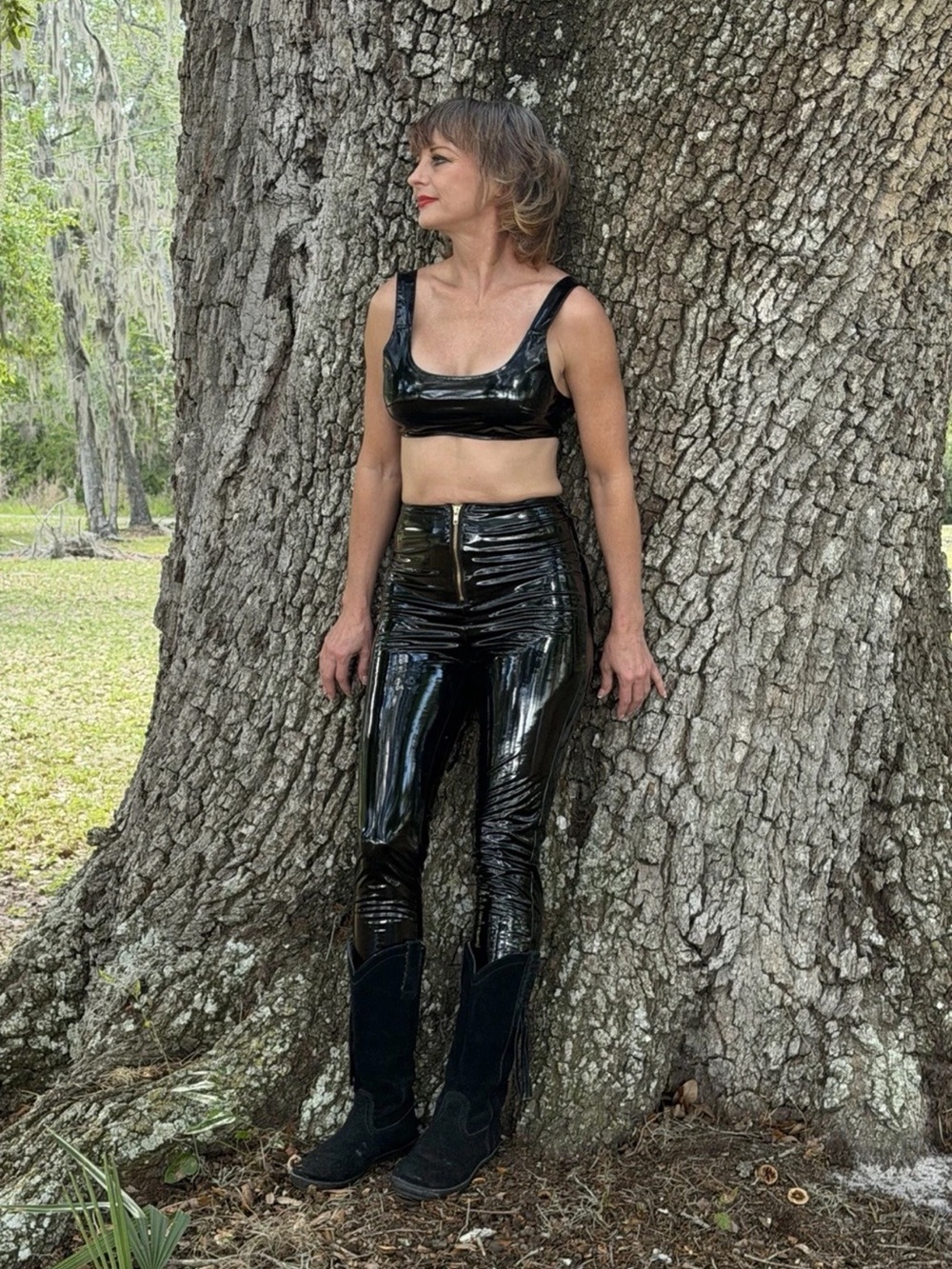 SHEIN Black High-Shine Patent Skinny Pants with Zip Front and matching top